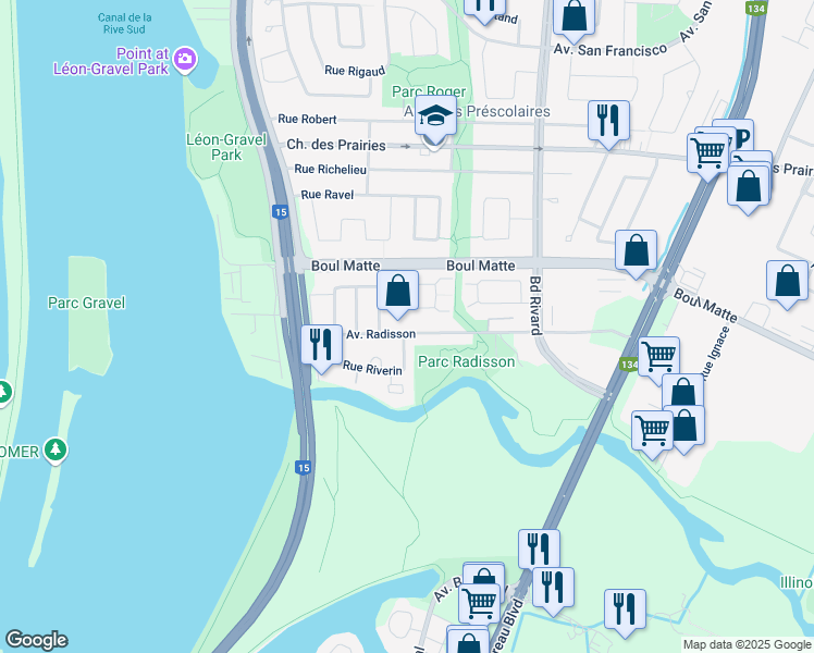 map of restaurants, bars, coffee shops, grocery stores, and more near 9565 Avenue Radisson in Brossard
