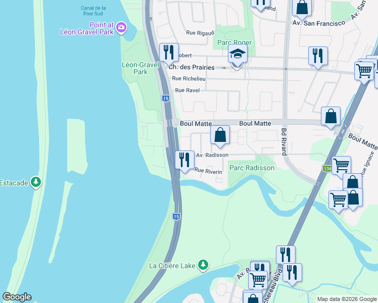 map of restaurants, bars, coffee shops, grocery stores, and more near 9350 Rue Riverin in Brossard