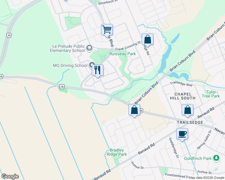map of restaurants, bars, coffee shops, grocery stores, and more near 2165 Blue Willow Crescent in Ottawa