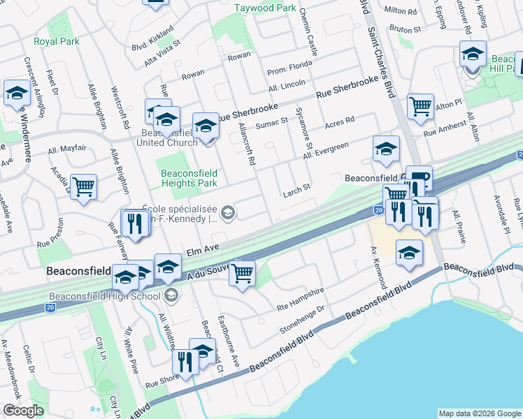map of restaurants, bars, coffee shops, grocery stores, and more near 1 Croissant Raspberry in Beaconsfield