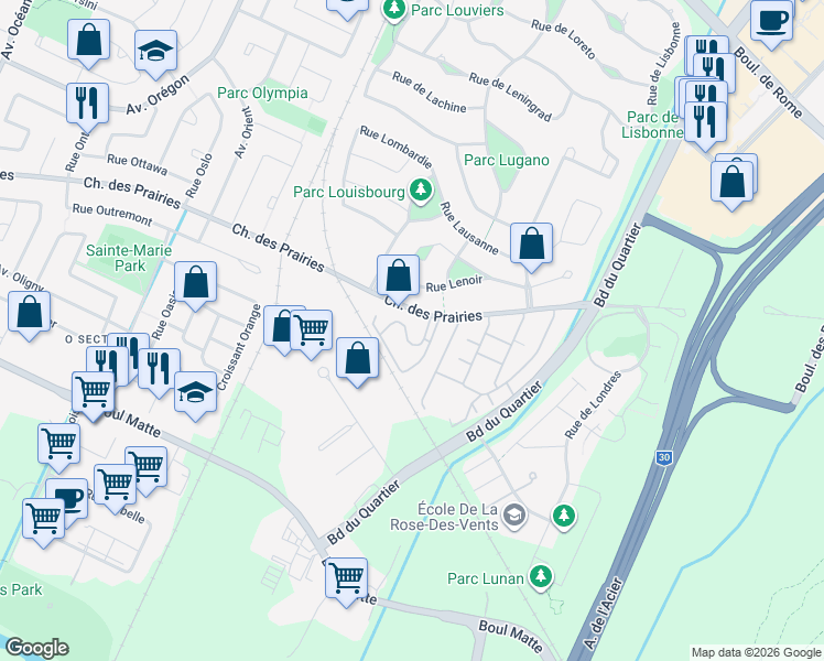 map of restaurants, bars, coffee shops, grocery stores, and more near 4425 Chemin des Prairies in Brossard