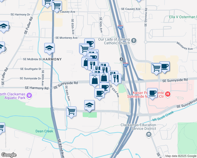 map of restaurants, bars, coffee shops, grocery stores, and more near 9073 Southeast Sunnyside Road in Clackamas