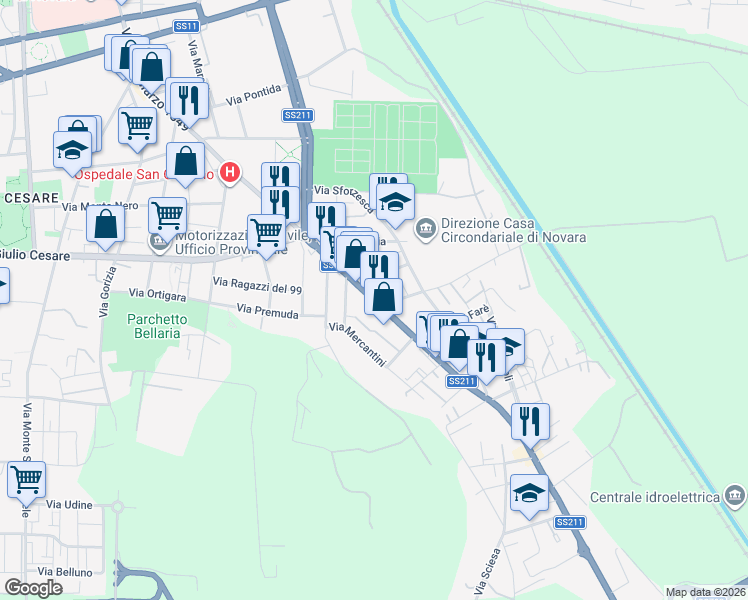 map of restaurants, bars, coffee shops, grocery stores, and more near 216 Corso XXIII Marzo in Novara