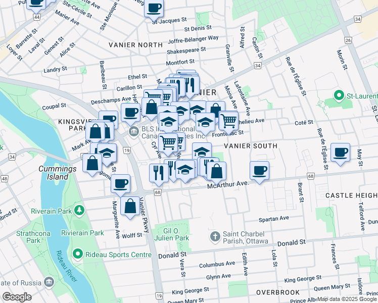 map of restaurants, bars, coffee shops, grocery stores, and more near 229 Jeanne Mance Street in Ottawa