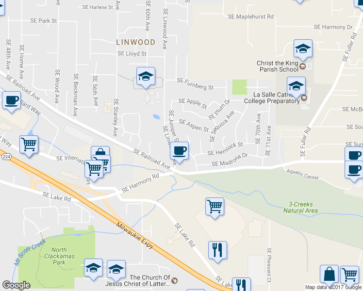 map of restaurants, bars, coffee shops, grocery stores, and more near 12326 Southeast Juniper Street in Milwaukie