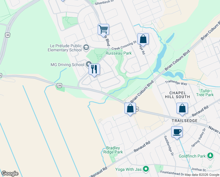 map of restaurants, bars, coffee shops, grocery stores, and more near 2163 Blue Willow Crescent in Ottawa