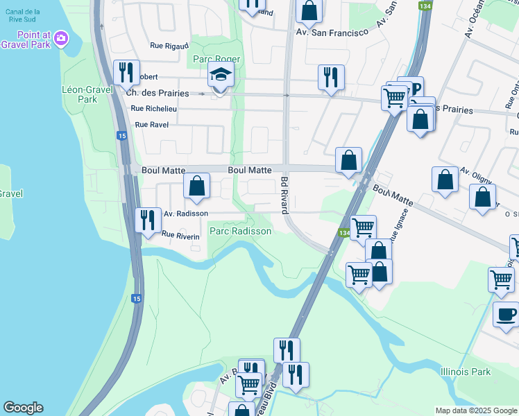 map of restaurants, bars, coffee shops, grocery stores, and more near 9705 Avenue Radisson in Brossard