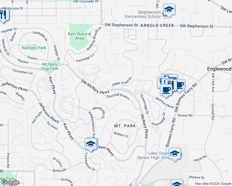 map of restaurants, bars, coffee shops, grocery stores, and more near 29 Churchill Downs in Lake Oswego