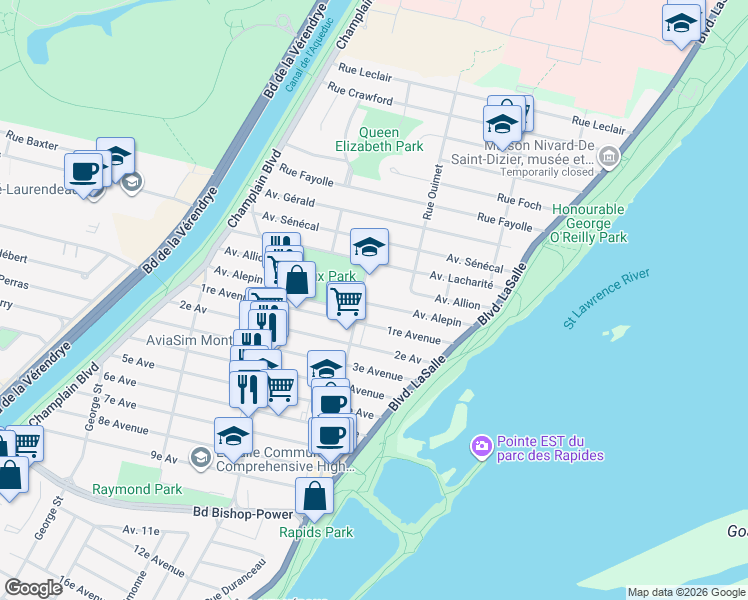 map of restaurants, bars, coffee shops, grocery stores, and more near 131 Avenue Alepin in Montréal