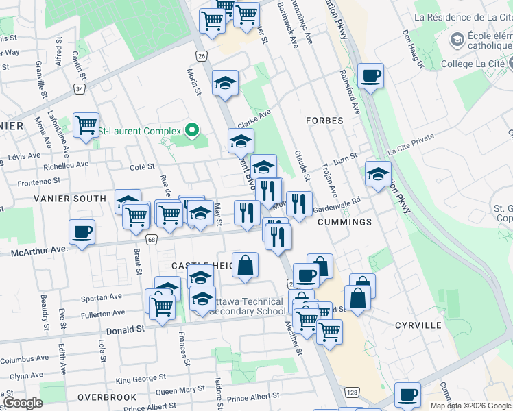 map of restaurants, bars, coffee shops, grocery stores, and more near in Ottawa