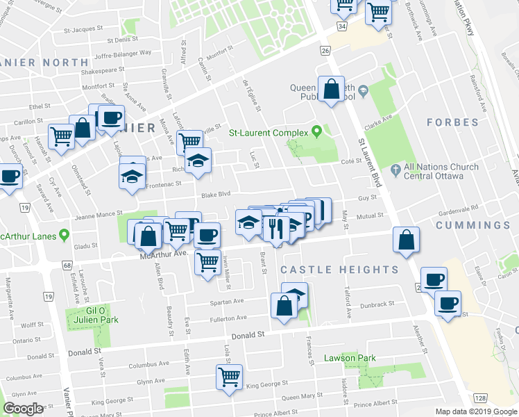 map of restaurants, bars, coffee shops, grocery stores, and more near 370 Belisle Street in Ottawa