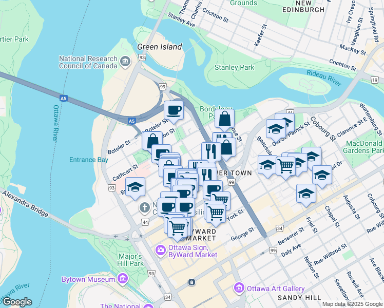 map of restaurants, bars, coffee shops, grocery stores, and more near in Ottawa