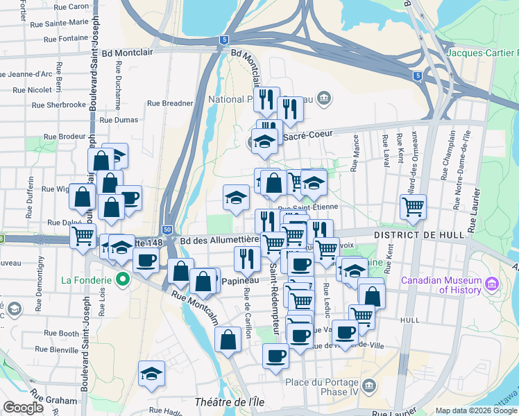 map of restaurants, bars, coffee shops, grocery stores, and more near 223 Rue Saint Rédempteur in Gatineau