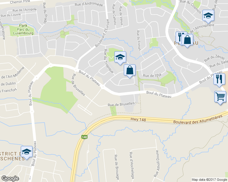 map of restaurants, bars, coffee shops, grocery stores, and more near 352 Boulevard du Plateau in Gatineau