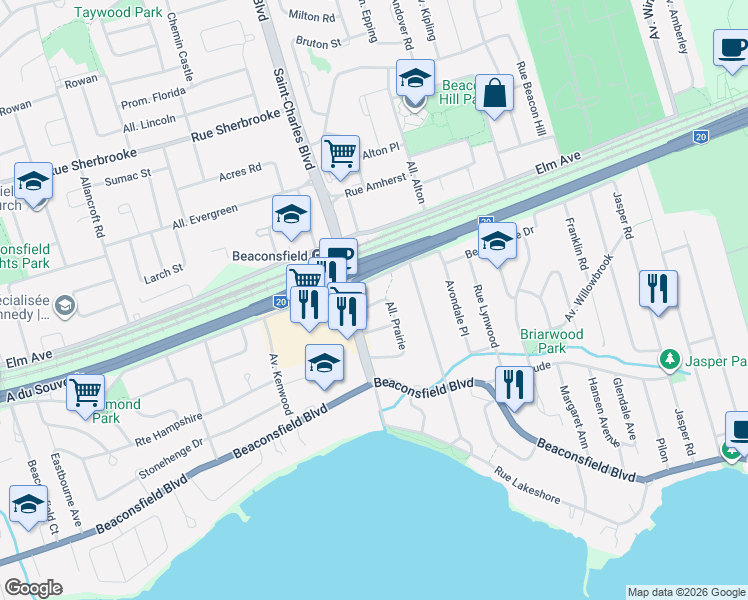 map of restaurants, bars, coffee shops, grocery stores, and more near 68 Drive Prairie in Beaconsfield