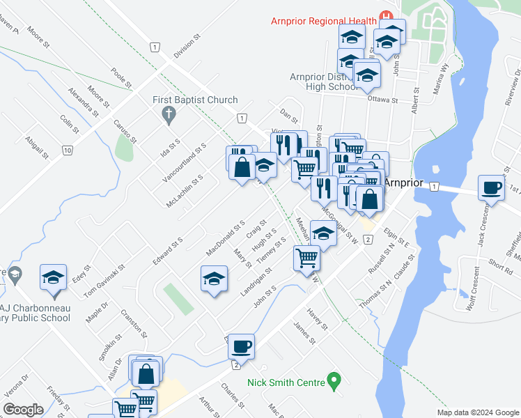map of restaurants, bars, coffee shops, grocery stores, and more near 16 Macdonald Street South in Arnprior