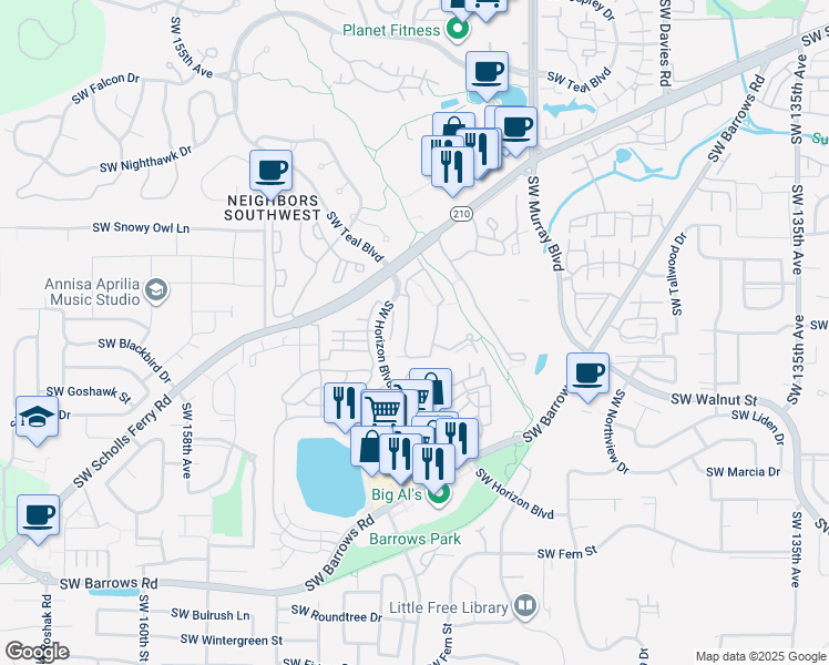 map of restaurants, bars, coffee shops, grocery stores, and more near 14900 Southwest Scholls Ferry Road in Beaverton