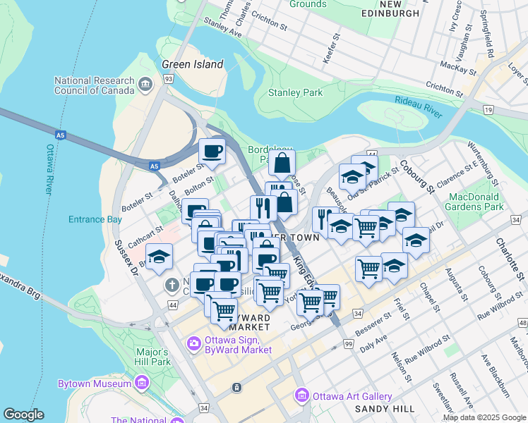 map of restaurants, bars, coffee shops, grocery stores, and more near 170 King Edward Avenue in Ottawa