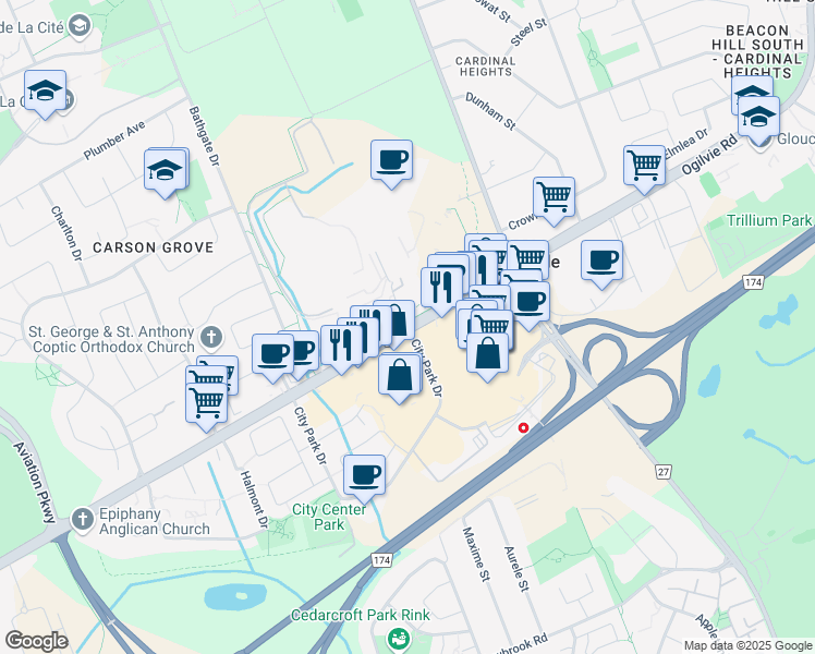 map of restaurants, bars, coffee shops, grocery stores, and more near 1459 Ogilvie Road in Ottawa