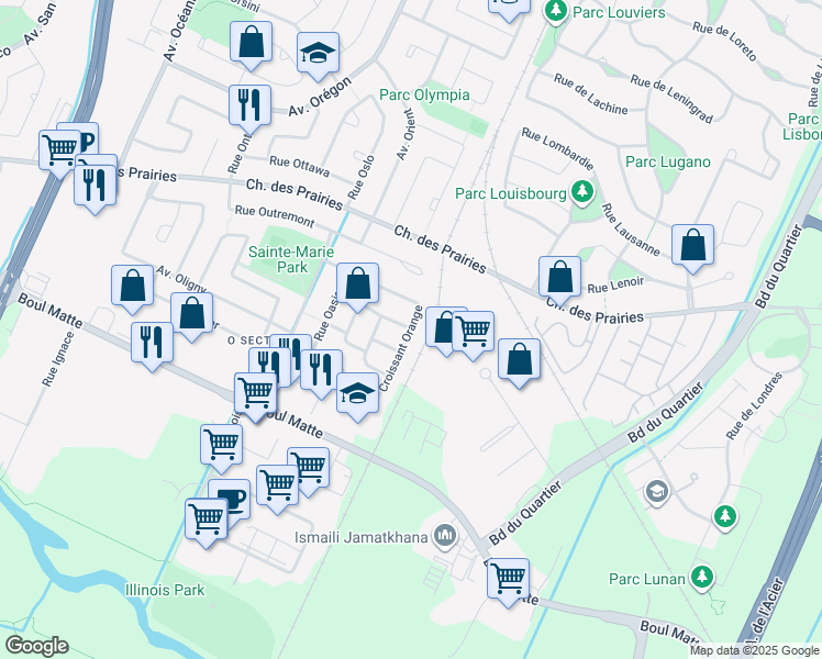 map of restaurants, bars, coffee shops, grocery stores, and more near 4700 Rue Orange in Brossard