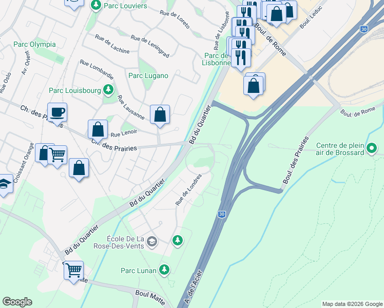 map of restaurants, bars, coffee shops, grocery stores, and more near 8130 Rue de Londres in Brossard