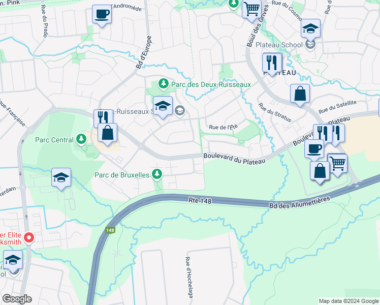 map of restaurants, bars, coffee shops, grocery stores, and more near 320 Boulevard du Plateau in Gatineau