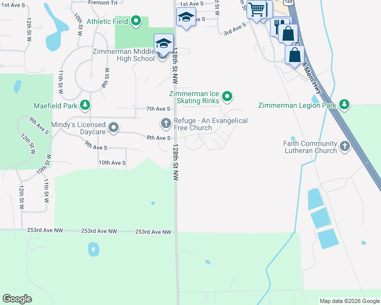 map of restaurants, bars, coffee shops, grocery stores, and more near 25554 Pine Ridge Road in Zimmerman