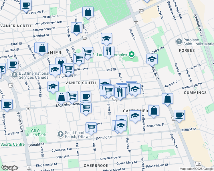 map of restaurants, bars, coffee shops, grocery stores, and more near 370 Belisle Street in Ottawa