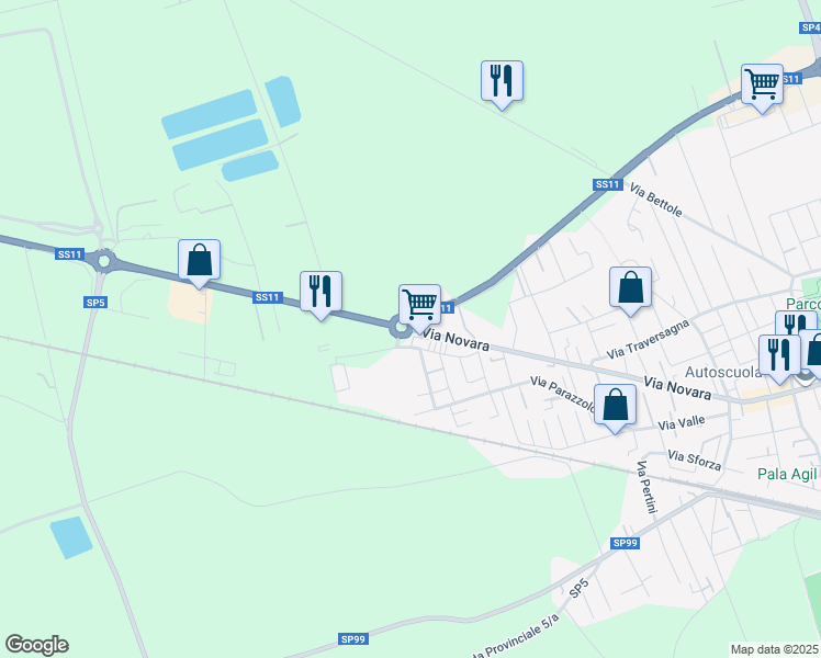 map of restaurants, bars, coffee shops, grocery stores, and more near Via Novara in Trecate