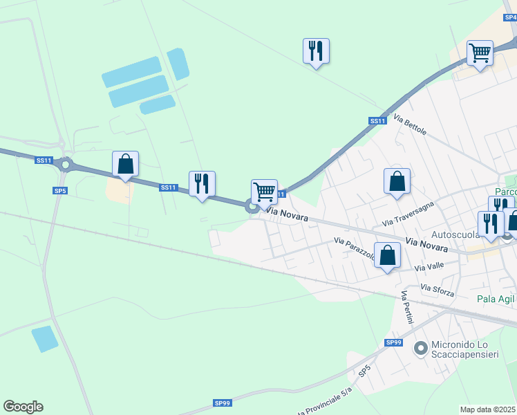 map of restaurants, bars, coffee shops, grocery stores, and more near Via Novara in Trecate