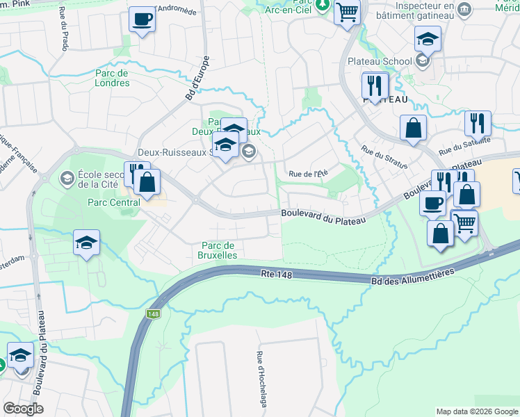 map of restaurants, bars, coffee shops, grocery stores, and more near 322 Boulevard du Plateau in Gatineau