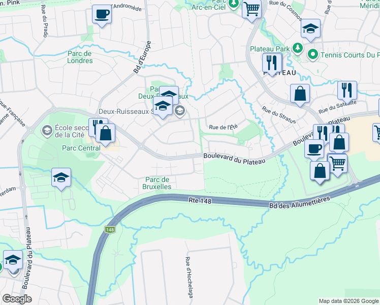 map of restaurants, bars, coffee shops, grocery stores, and more near 320 Boulevard du Plateau in Gatineau