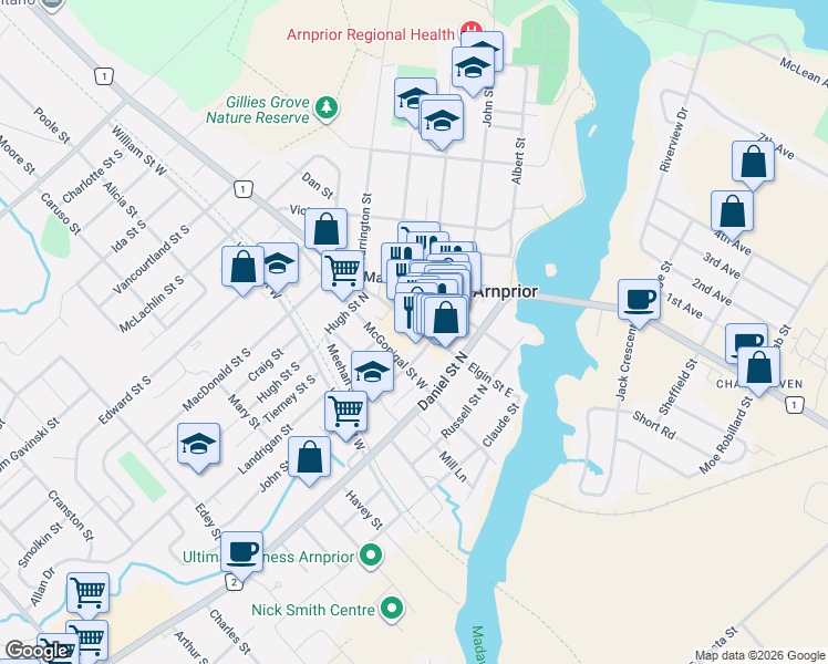 map of restaurants, bars, coffee shops, grocery stores, and more near 60 Elgin Street West in Arnprior