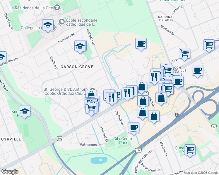 map of restaurants, bars, coffee shops, grocery stores, and more near 1100 Bathgate Drive in Ottawa