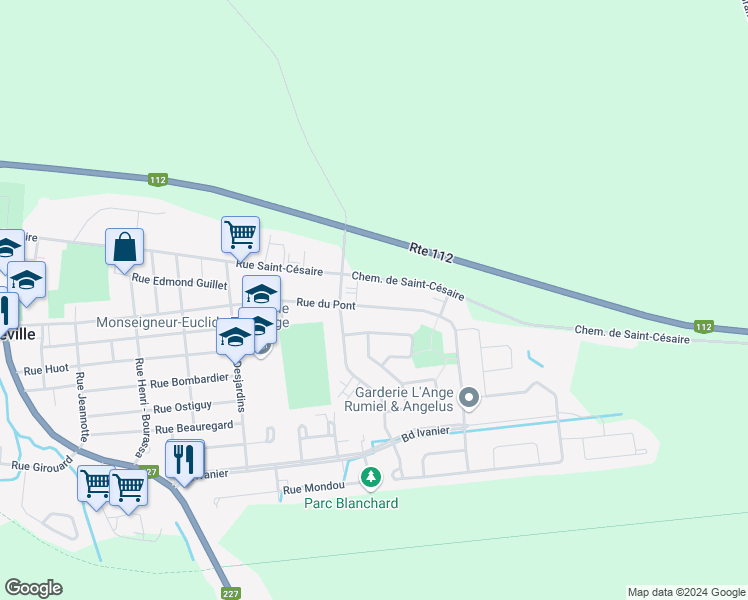 map of restaurants, bars, coffee shops, grocery stores, and more near 2407 Rue du Pont in Marieville