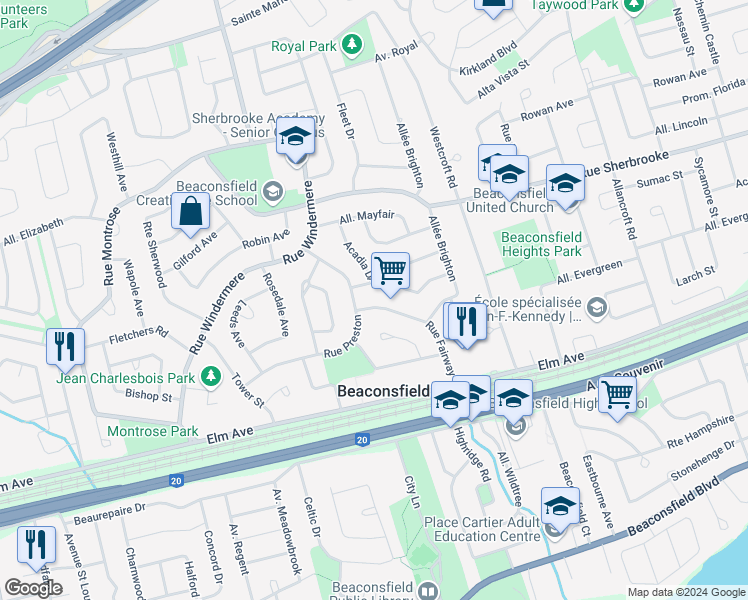 map of restaurants, bars, coffee shops, grocery stores, and more near 265 Allée Fairway in Beaconsfield