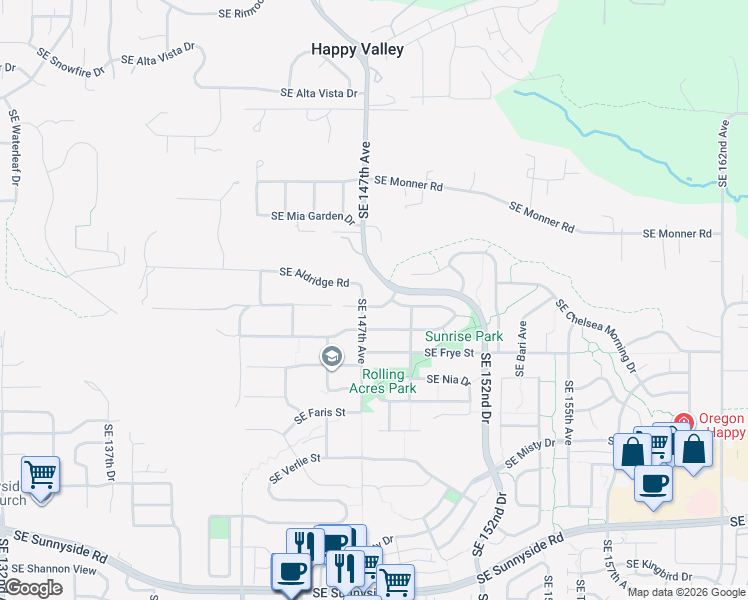 map of restaurants, bars, coffee shops, grocery stores, and more near 14684 Southeast Badger Creek Road in Happy Valley
