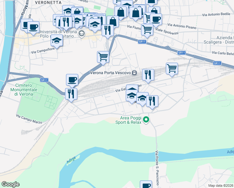 map of restaurants, bars, coffee shops, grocery stores, and more near 2 Via Muro Lungo Campo Marzo in Verona