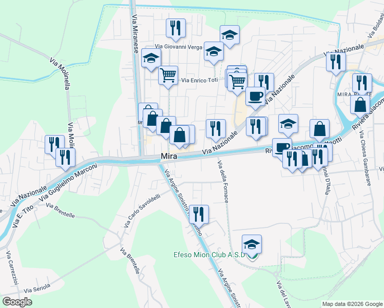 map of restaurants, bars, coffee shops, grocery stores, and more near 180 Via Nazionale in Mira