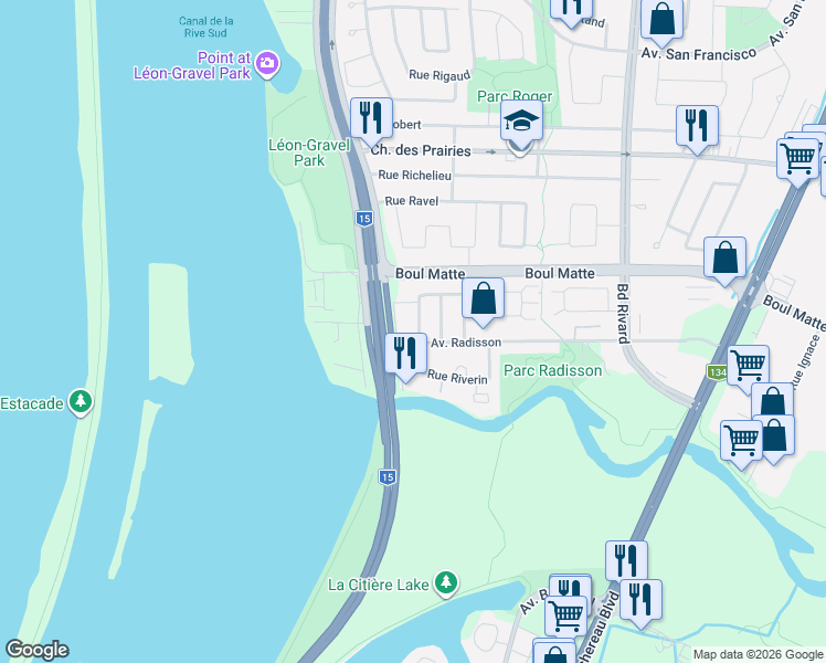 map of restaurants, bars, coffee shops, grocery stores, and more near 9350 Rue Riverin in Brossard