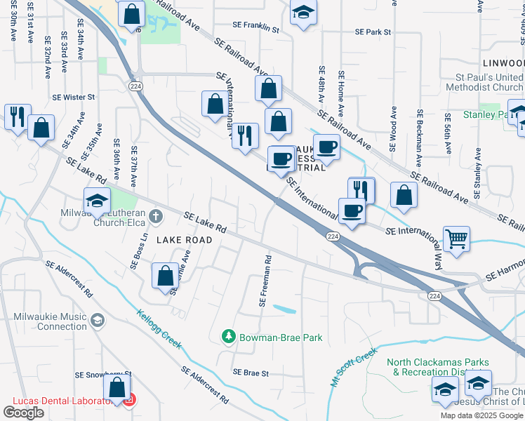 map of restaurants, bars, coffee shops, grocery stores, and more near 12600 Freeman Way in Milwaukie