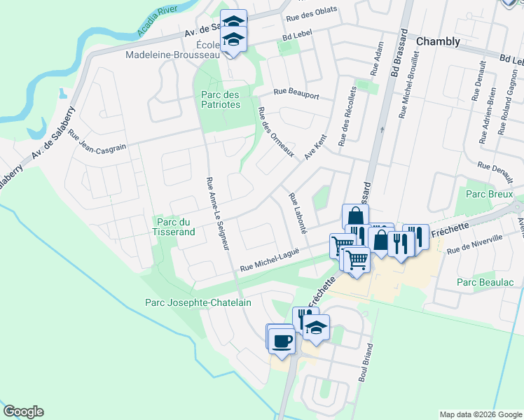 map of restaurants, bars, coffee shops, grocery stores, and more near 1804 Avenue Kent in Chambly