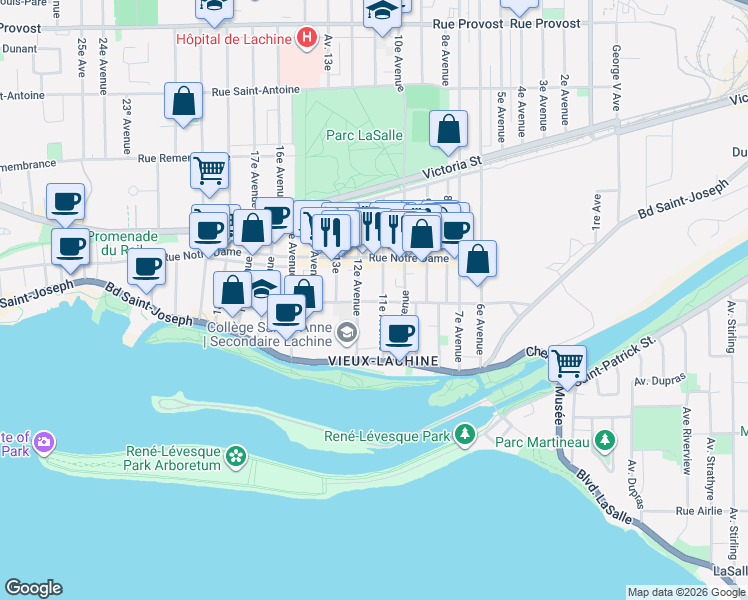 map of restaurants, bars, coffee shops, grocery stores, and more near 1134 Rue Saint-Louis in Montréal