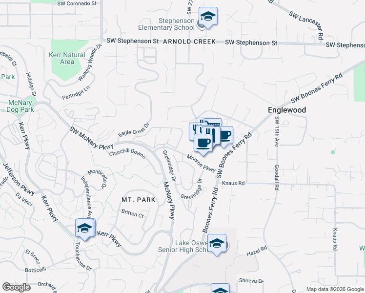 map of restaurants, bars, coffee shops, grocery stores, and more near 6 Condolea Drive in Lake Oswego