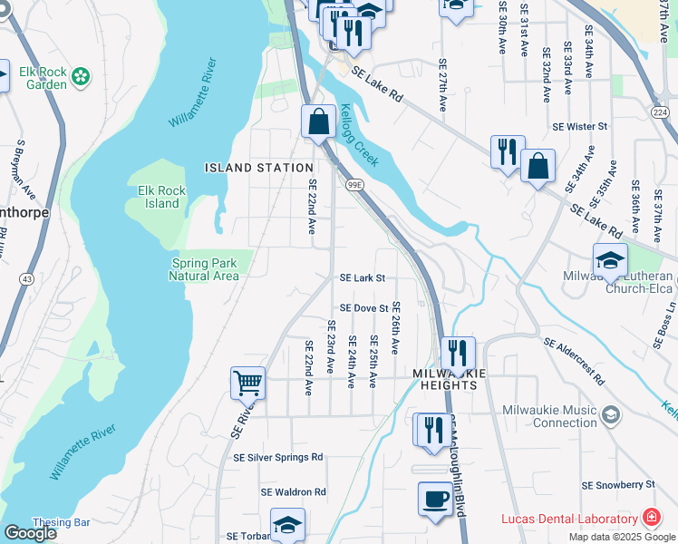 map of restaurants, bars, coffee shops, grocery stores, and more near 2303 Southeast Lark Street in Milwaukie