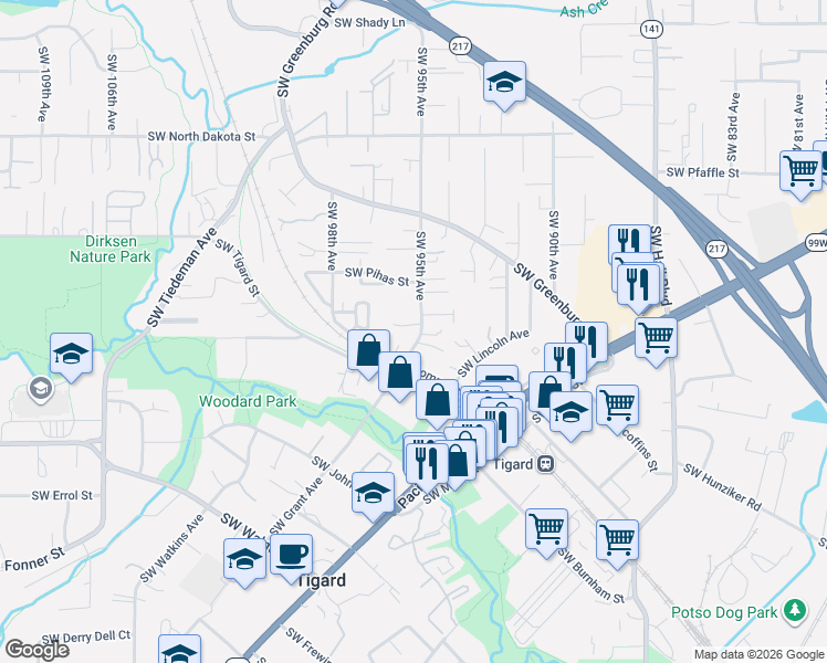 map of restaurants, bars, coffee shops, grocery stores, and more near 11945 Southwest 95th Avenue in Tigard