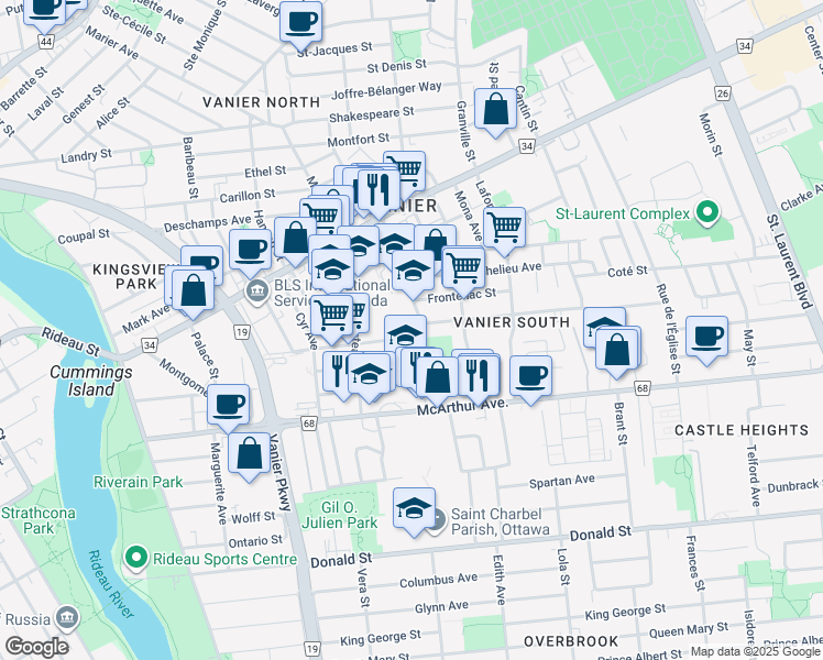 map of restaurants, bars, coffee shops, grocery stores, and more near 253 Jeanne Mance Street in Ottawa