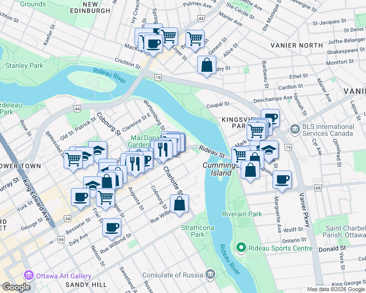 map of restaurants, bars, coffee shops, grocery stores, and more near 641 Rideau Street in Ottawa