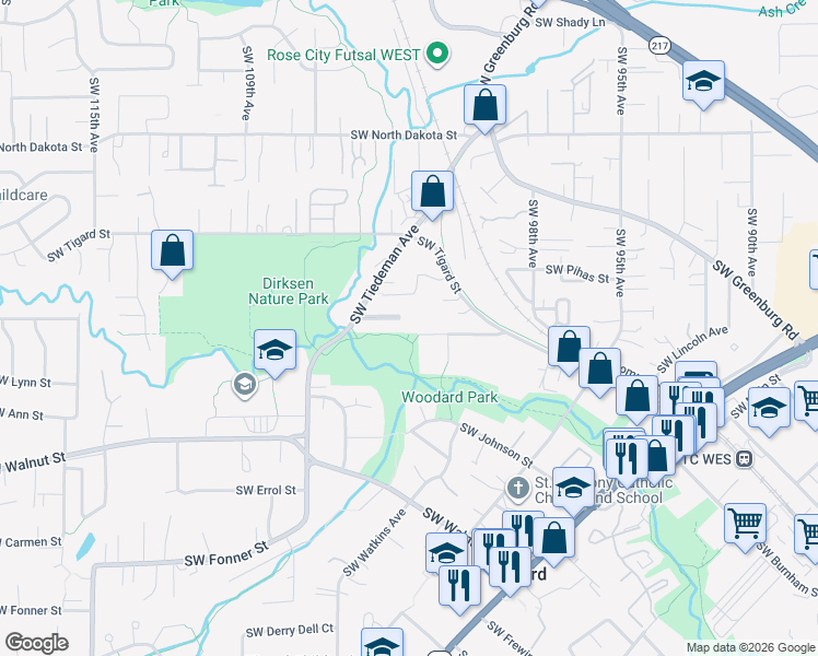 map of restaurants, bars, coffee shops, grocery stores, and more near 10270 Southwest Meadow Street in Tigard