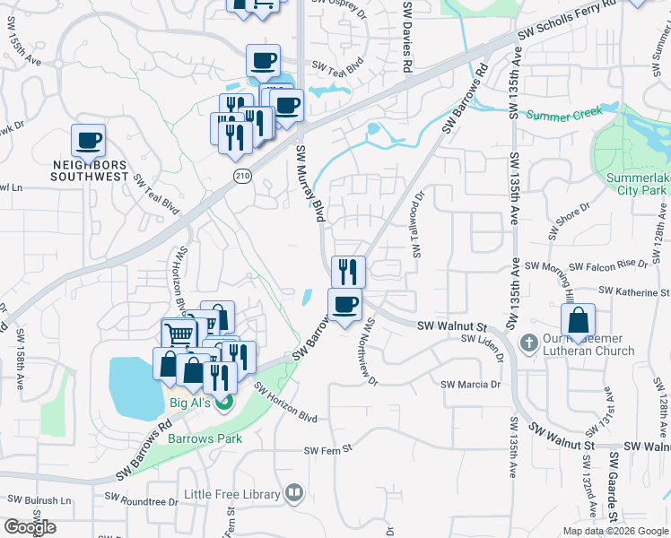 map of restaurants, bars, coffee shops, grocery stores, and more near 14349 Southwest Barrows Road in Beaverton